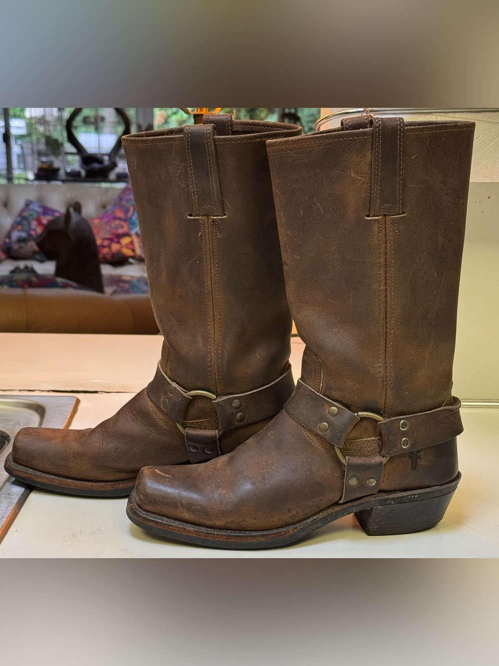 Frye harness, chestnut, brown leather iconic women’s 8 1/2 medium forever boots - Picture 3 of 11